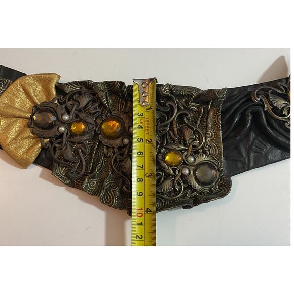 80s Nina Arjani Medium Leatherock Belt Rhinestones & Pearls Leather - Picture 6 of 10